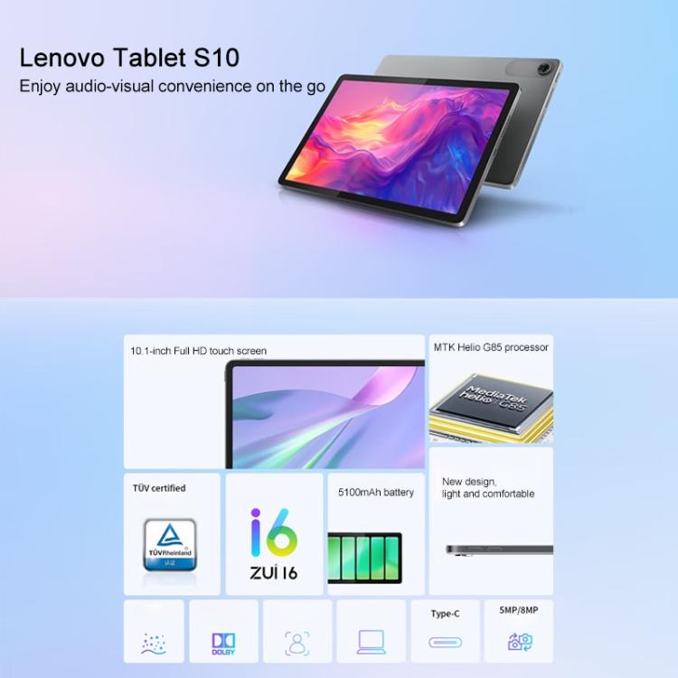 تابلت لينوفو S10 بشاشة 10.1 بوصة وواي فاي، 8 جيجابايت + 128 جيجابايت، واجهة مستخدم ZUI16، معالج MTK Helio G85 ثماني النواة، إصدار الاسترداد