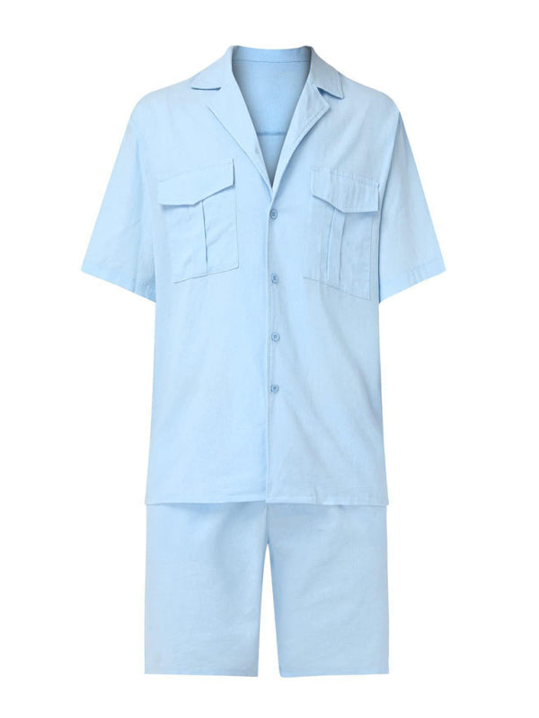 Men's Short-sleeved Shirt Set Casual Cotton Linen Cardigan Shirt + Shorts