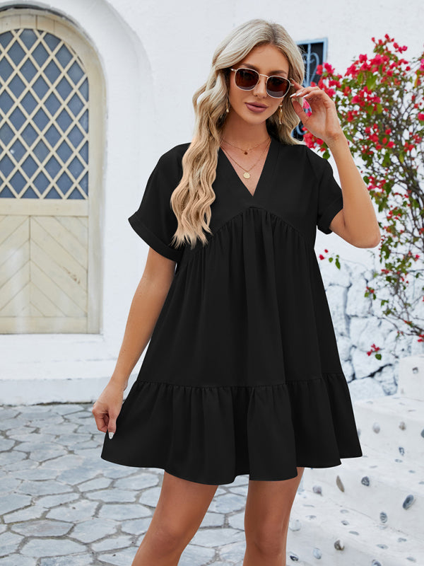 Women's new V-neck solid color short-sleeved pleated loose dress