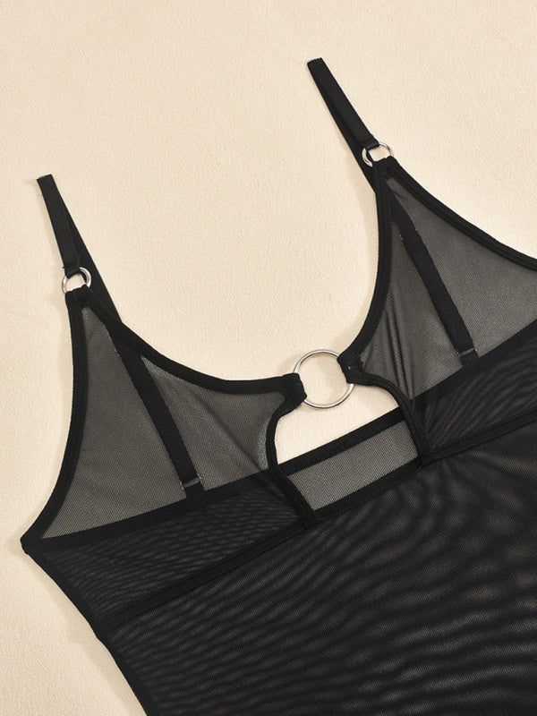 Mesh see-through chest iron ring hollow design jumpsuit