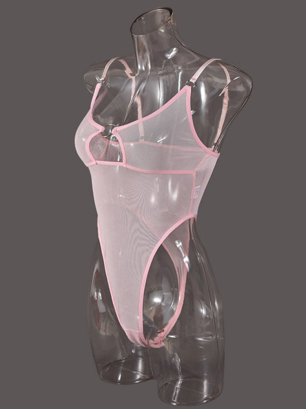 Mesh see-through chest iron ring hollow design jumpsuit