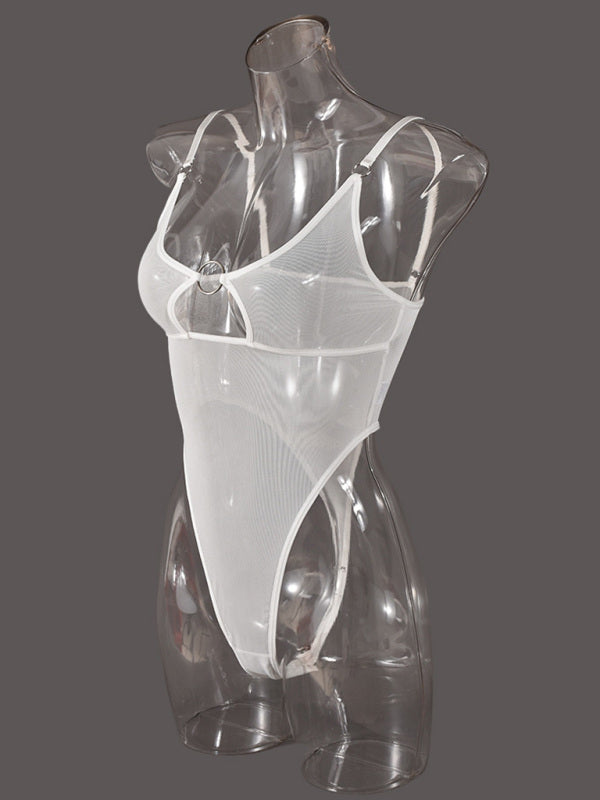 Mesh see-through chest iron ring hollow design jumpsuit
