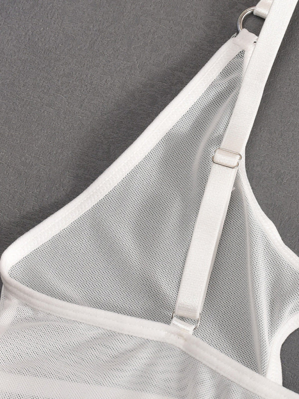 Mesh see-through chest iron ring hollow design jumpsuit