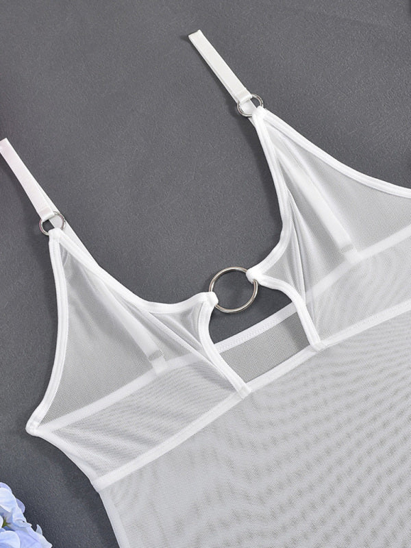 Mesh see-through chest iron ring hollow design jumpsuit