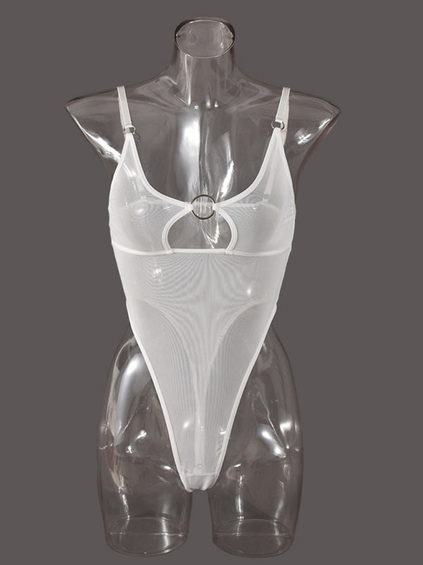 Mesh see-through chest iron ring hollow design jumpsuit
