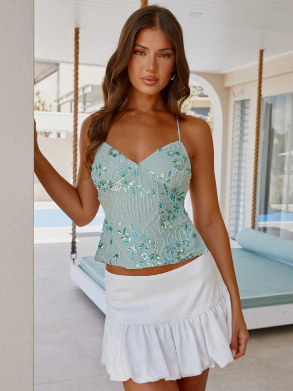 Embroidered Sequined Vest Sexy Hot Girls Suspender Top