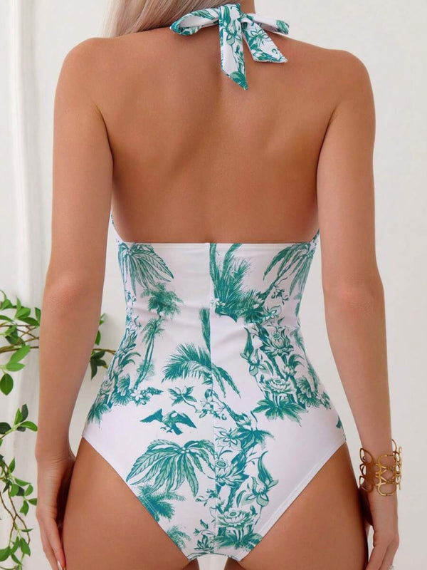 Coconut Tree Print Sexy V-Neck Pure Desire Hot Girl One-Piece Holiday Swimsuit