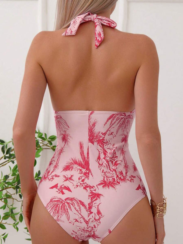 Coconut Tree Print Sexy V-Neck Pure Desire Hot Girl One-Piece Holiday Swimsuit