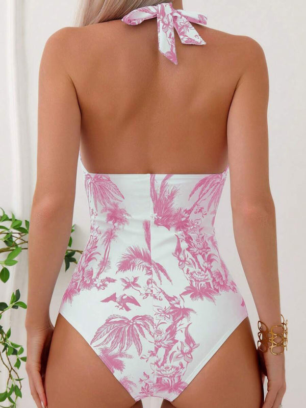 Coconut Tree Print Sexy V-Neck Pure Desire Hot Girl One-Piece Holiday Swimsuit