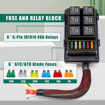 12V 5 Pin Car 6 Slots Waterproof Relay Fuse Box with Cable, 12V 5 Pin