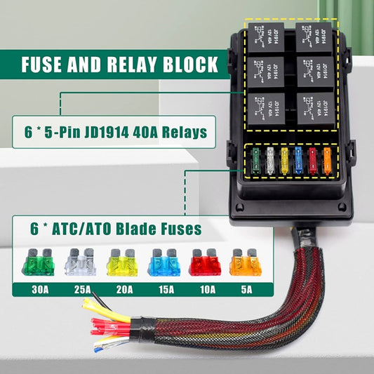 12V 5 Pin Car 6 Slots Waterproof Relay Fuse Box with Cable, 12V 5 Pin