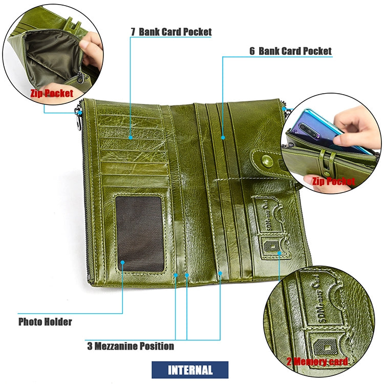 3520 Long Cowhide Leather Folding Anti-magnetic RFID Wallet for Ladies, with Card Slots, 3520 Black, 3520 Coffee, 3520 Blue, 3520 Red, 3520 Yellowish-brown