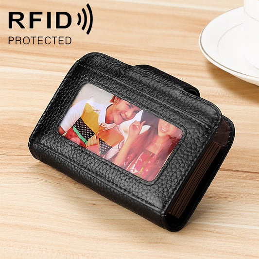 KB188 Horizontal Cowhide Leather Organ Shape Multiple Card Slots Anti-magnetic RFID Wallet for Ladies, with Transparent Window, KB188 Black, KB188 Coffee, KB188 Purple, KB188 Rose Red, KB188 Sapphire Blue