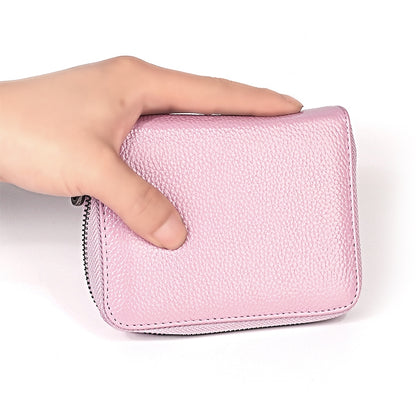 KB195 Zipper Cowhide Leather Double Row Organ Shape Multiple Card Slots Anti-magnetic RFID Wallet Clutch Bag for Ladies, KB195 Black, KB195 Coffee, KB195 Pink, KB195 Purple, KB195 Rose Red