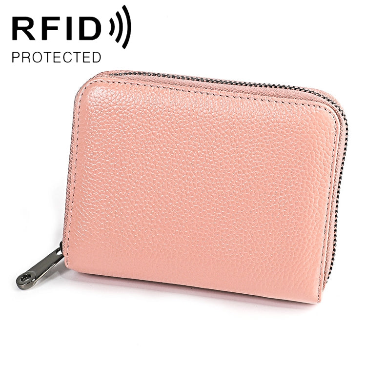 KB195 Zipper Cowhide Leather Double Row Organ Shape Multiple Card Slots Anti-magnetic RFID Wallet Clutch Bag for Ladies, KB195 Black, KB195 Coffee, KB195 Pink, KB195 Purple, KB195 Rose Red