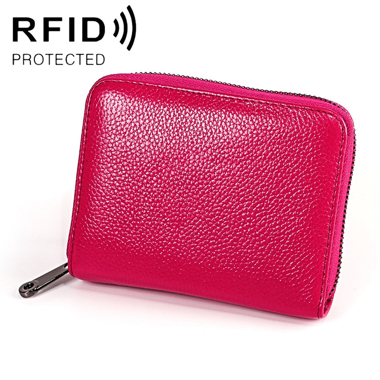 KB195 Zipper Cowhide Leather Double Row Organ Shape Multiple Card Slots Anti-magnetic RFID Wallet Clutch Bag for Ladies, KB195 Black, KB195 Coffee, KB195 Pink, KB195 Purple, KB195 Rose Red