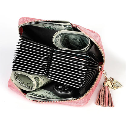 KB213 Diamond Texture Zipper Cowhide Leather Double Row Organ Shape Multiple Card Slots Anti-magnetic RFID Wallet Clutch Bag for Ladies, KB213 Pink, KB213 Blue, KB213 Light Pink, KB213 Rose Red, KB213 Black
