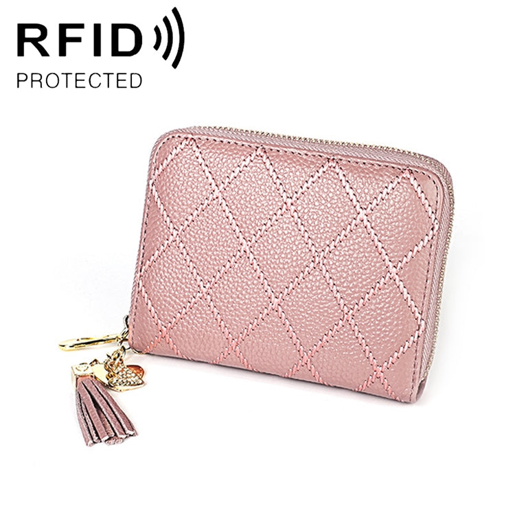 KB213 Diamond Texture Zipper Cowhide Leather Double Row Organ Shape Multiple Card Slots Anti-magnetic RFID Wallet Clutch Bag for Ladies, KB213 Pink, KB213 Blue, KB213 Light Pink, KB213 Rose Red, KB213 Black