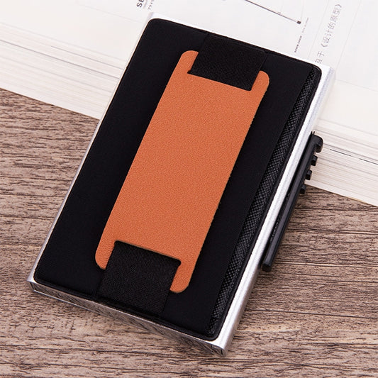 X-32C Automatically Pop-up Card Type Anti-magnetic RFID Anti-theft Men Aluminum Alloy A Dial Button Elastic Bag Wallet with PU Leather Strap, X-32C A Dial Button  Silver, X-32C A Dial Button Black