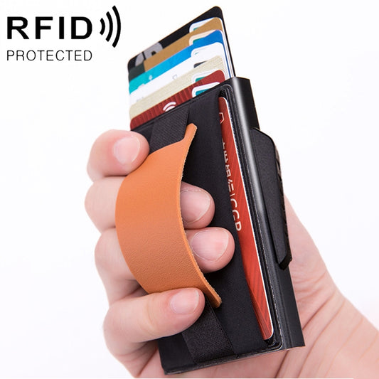 X-32C Automatically Pop-up Card Type Anti-magnetic RFID Anti-theft Men Aluminum Alloy B Dial Button Elastic Bag Wallet with PU Leather Strap, X-32C B Dial Button Black, X-32C B Dial Button Grey, X-32C B Dial Button Blue