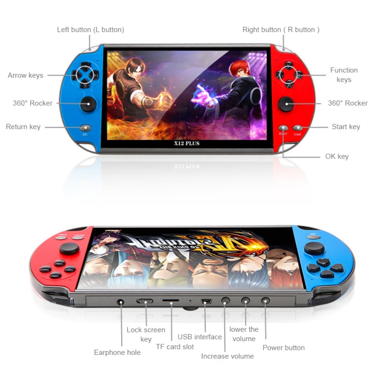 جهاز ألعاب محمول Powkiddy X12 Plus Retro Classic Games بشاشة عالية الدقة 7 بوصات وذاكرة 16 جيجابايت، يدعم MP4 / Ebook، X12 Plus
