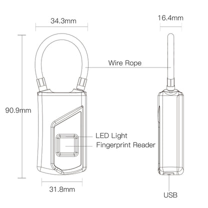 Anytek USB Charging Waterproof Anti-theft Non-password Electrically Intelligent Fingerprint Padlock Size:3.2cm × 3.5cm × 9cm, Anytek USB Charging Padlock