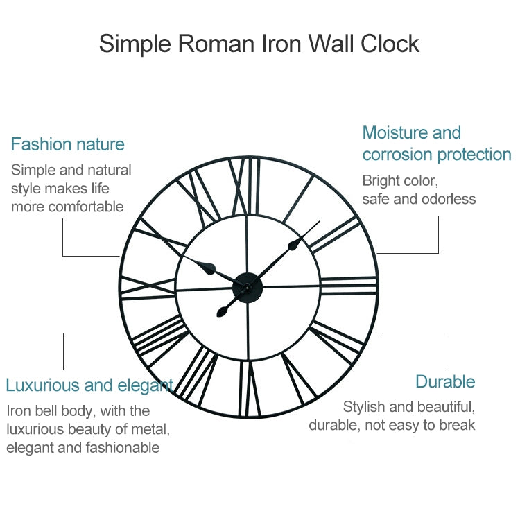60cm Retro Living Room Iron Round Roman Numeral Mute Decorative Wall Clock (White), 50cm
