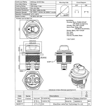 Jtron On/Off Car Battery Switch Car Battery Master Switch MAX DC 32V 200A CONT 300A INT Use for Cars / Off-road Vehicle / Truck, DC 32V 200A