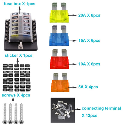 1 in 12 Out Fuse Box PC Terminal Block Fuse Holder Kits with LED Warning Indicator for Auto Car Truck Boat, 1 in 12 Out (PC Terminal Block)