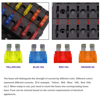 1 in 12 Out Fuse Box PC Terminal Block Fuse Holder Kits with LED Warning Indicator for Auto Car Truck Boat, 1 in 12 Out (PC Terminal Block)