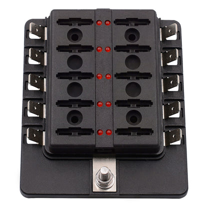 1 in 10 Out Fuse Box PC Terminal Block Fuse Holder Kits with LED Warning Indicator for Auto Car Truck Boat, 1 in 10 Out (PC Terminal Block)