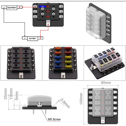 1 in 10 Out Fuse Box PC Terminal Block Fuse Holder Kits with LED Warning Indicator for Auto Car Truck Boat, 1 in 10 Out (PC Terminal Block)