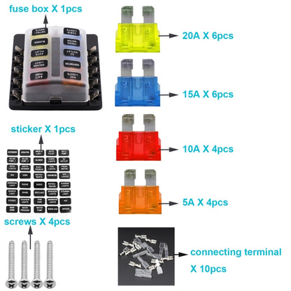 1 in 10 Out Fuse Box PC Terminal Block Fuse Holder Kits with LED Warning Indicator for Auto Car Truck Boat, 1 in 10 Out (PC Terminal Block)