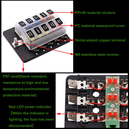 1 in 10 Out Fuse Box PC Terminal Block Fuse Holder Kits with LED Warning Indicator for Auto Car Truck Boat, 1 in 10 Out (PC Terminal Block)