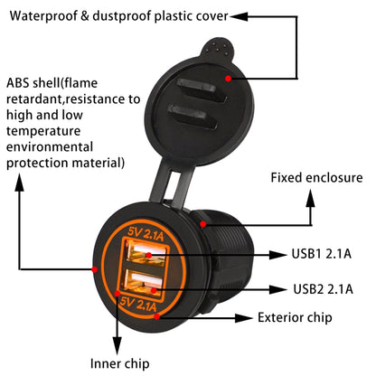 شاحن سيارة عالمي بمنفذين، شاحن USB مزدوج 5 فولت 4.2 أمبير، IP66 مع فتحة، 4.2 أمبير مع فتحة (ضوء برتقالي)