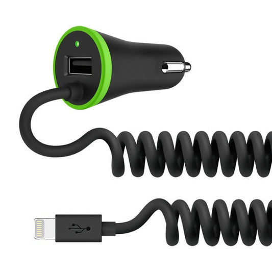 شاحن سيارة صغير بمنفذ USB بقوة 17 وات و3.4 أمبير مع كابل زنبركي 8 دبابيس، 8 دبابيس