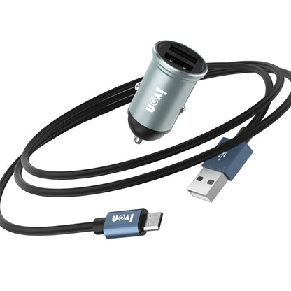 IVON CC37 شاحن سيارة صغير مزدوج USB بقوة 15 وات و3.1 أمبير + مجموعة كابل بيانات شحن سريع من USB إلى Micro USB بطول 1 متر، Micro USB