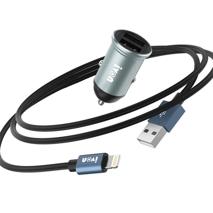 IVON CC37 شاحن سيارة صغير بمنفذي USB مزدوجين بقوة 15 وات و3.1 أمبير + مجموعة كابل بيانات شحن سريع USB إلى 8 دبابيس بطول 1 متر، 8 دبابيس