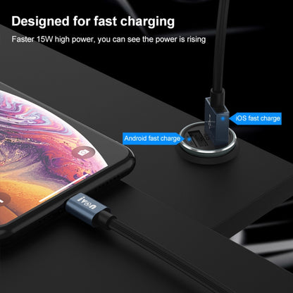 IVON CC37 شاحن سيارة صغير بمنفذي USB مزدوجين بقوة 15 وات و3.1 أمبير + مجموعة كابل بيانات شحن سريع USB إلى 8 دبابيس بطول 1 متر، 8 دبابيس