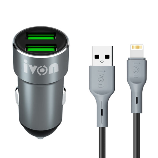 شاحن سيارة IVON CC38 ثنائي USB بقوة 2.4 أمبير + مجموعة كابل بيانات USB إلى 8 دبابيس للشحن السريع بطول 1 متر، 8 دبابيس