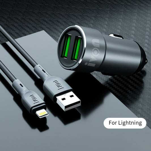 شاحن سيارة IVON CC38 ثنائي USB بقوة 2.4 أمبير + مجموعة كابل بيانات USB إلى 8 دبابيس للشحن السريع بطول 1 متر، 8 دبابيس