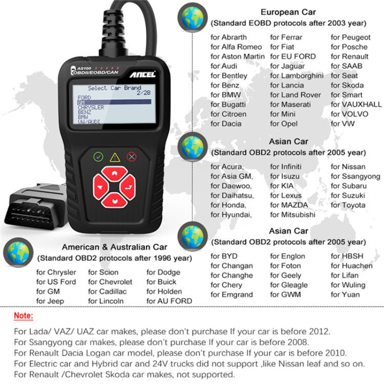 جهاز كشف أعطال السيارات Ancel AS100 OBDII، ضوء عطل المحرك شفاف، AS100