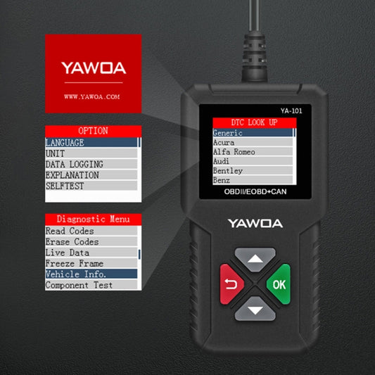 جهاز قراءة رموز السيارة الصغير YA101، أداة تشخيص الأعطال OBD2، YA101