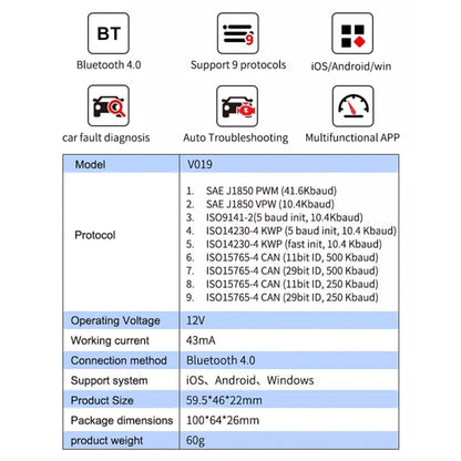 V019 OBD2 Scanner Bluetooth 4.0 ELM327 Car Diagnostic Tool, V019