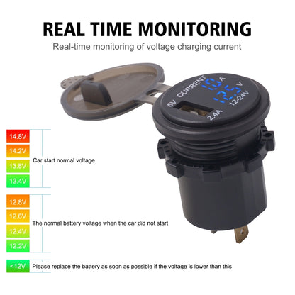 Universal Car Single Port USB Charger Power Outlet Adapter 2.4A 5V IP66 with LED Digital Voltmeter + Ammeter + 60cm Cable, 2.4A Voltmeter + Ammeter + 60cm Cable (Blue Light), 2.4A Voltmeter + Ammeter + 60cm Cable (Red Light)