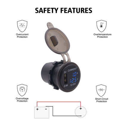 Universal Car Single Port USB Charger Power Outlet Adapter 2.4A 5V IP66 with LED Digital Voltmeter + Ammeter + 60cm Cable, 2.4A Voltmeter + Ammeter + 60cm Cable (Blue Light), 2.4A Voltmeter + Ammeter + 60cm Cable (Red Light)