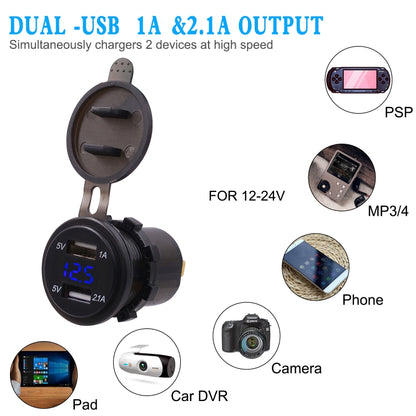 شاحن سيارة عالمي بمنفذين USB ومحول طاقة 3.1 أمبير 5 فولت IP66 مع فولتميتر رقمي LED + كابل 60 سم، فولتميتر 3.1 أمبير + كابل 60 سم (ضوء أزرق)، فولتميتر 3.1 أمبير + كابل 60 سم (ضوء أخضر)، فولتميتر 3.1 أمبير + كابل 60 سم (ضوء أحمر)