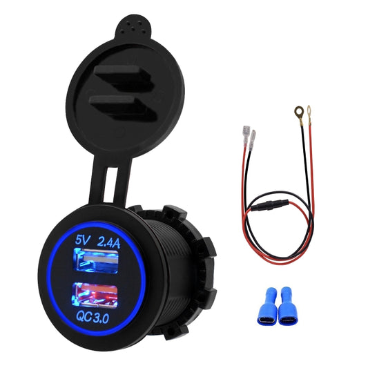 Universal Car QC3.0 Dual Port USB Charger Power Outlet Adapter 5V 2.4A IP66 with 60cm Cable, 2.4A + 60cm Cable(Blue Light), 2.4A + 60cm Cable (Green Light), 2.4A + 60cm Cable (Orange Light), 2.4A + 60cm Cable (Red Light), 2.4A + 60cm Cable (White Light)