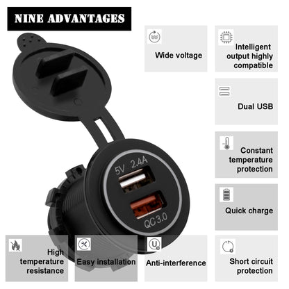 Universal Car QC3.0 Dual Port USB Charger Power Outlet Adapter 5V 2.4A IP66 with 60cm Cable, 2.4A + 60cm Cable(Blue Light), 2.4A + 60cm Cable (Green Light), 2.4A + 60cm Cable (Orange Light), 2.4A + 60cm Cable (Red Light), 2.4A + 60cm Cable (White Light)