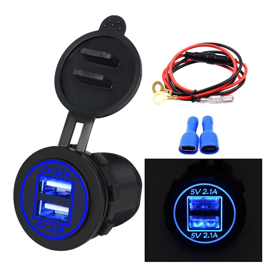 Universal Car Dual USB Charger Power Outlet Adapter 4.2A 5V IP66 with Aperture + 60cm Cable, 4.2A + 60cm Cable(Blue Light), 4.2A + 60cm Cable(Green Light), 4.2A + 60cm Cable(Orange Light), 4.2A + 60cm Cable(Red Light), 4.2A + 60cm Cable(White Light)